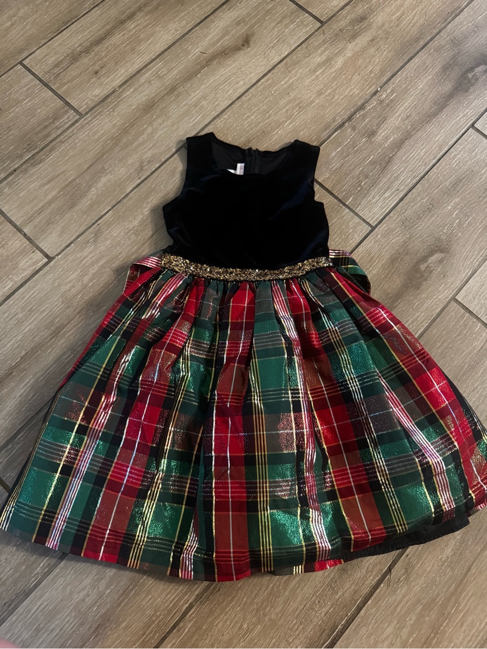 Bonnie Jean Black Velvet Bodice with Red & Green Plaid Skirt Holiday Dress